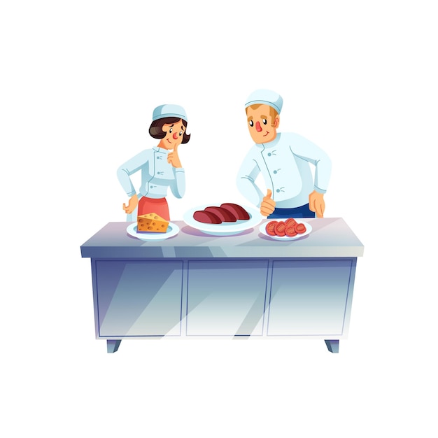 Assistentes de chef de personagens de desenhos animados planos cozinham refeiçõesescolhendo ingredientesconceito de ilustração vetorial de fluxo de trabalho de culinária profissional