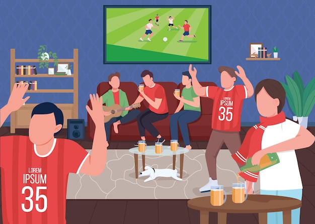 Assistindo a um jogo de futebol com amigos ilustração colorida plana amantes do esporte passatempo ativo especial jogo de vitória por equipe tempo com a família d personagens de desenhos animados com casa no fundo