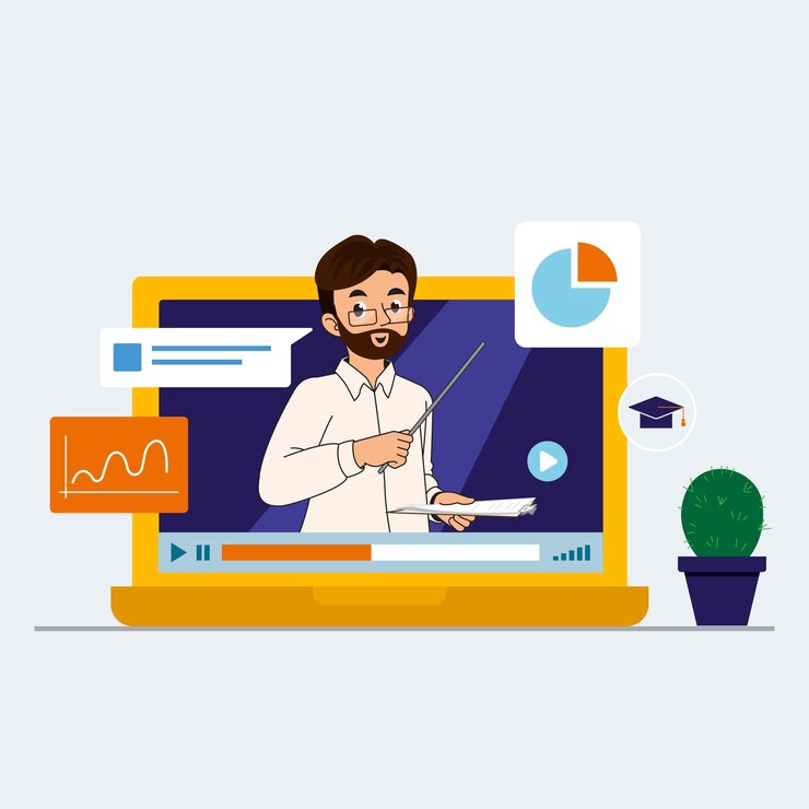 Vetor assistindo um palestrante ensinando curso on-line on-line