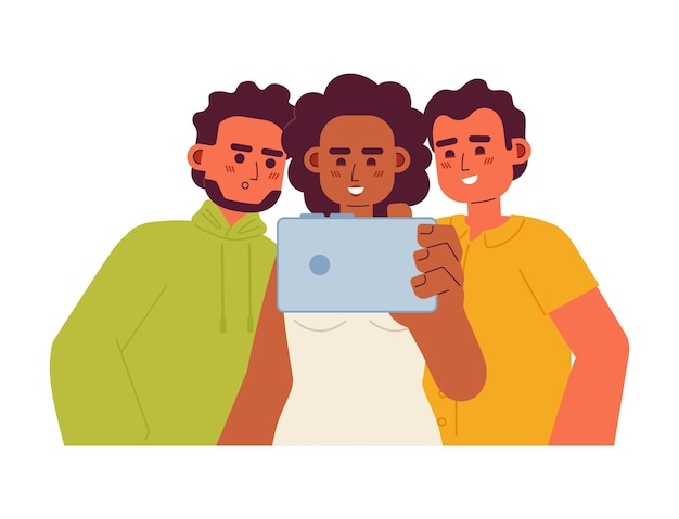 Vetor assistindo vídeo juntos personagens vetoriais de cor semi plana garota segurando smartphone cara olhando na tela editável meio corpo pessoas em branco simples ilustração de desenho animado para web design gráfico