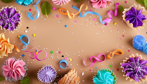 Assortimento colorido para celebração de festa de aniversário com espaço vazio no meio