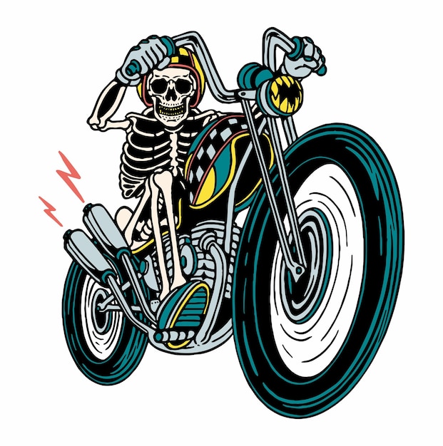 Vetor assustador estilo retro esqueleto motociclista isolado ilustração vetorial. motoqueiro fantasma clipe