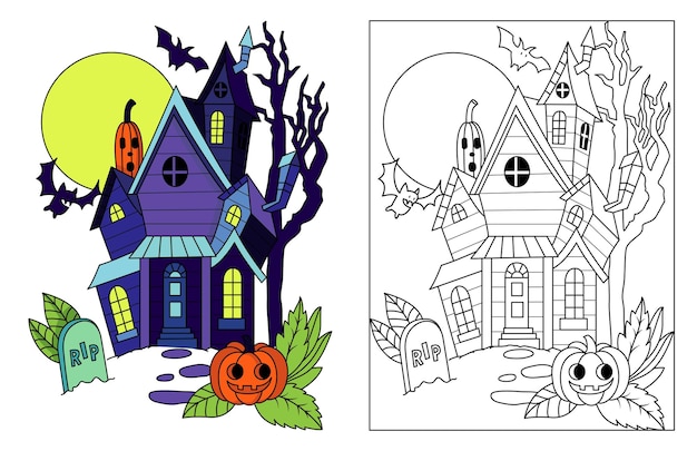 Assustadora mão desenhada casa assombrada de halloween assustadora arte de ilustração para colorir de halloween