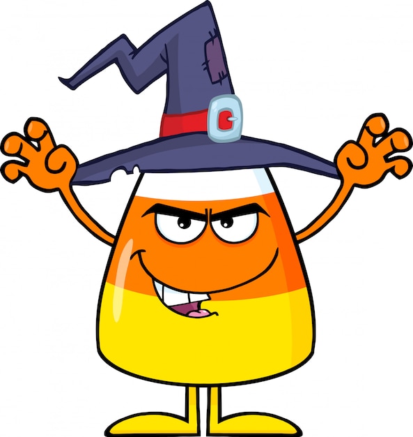 Assustando o milho de doces de halloween com um chapéu de bruxa