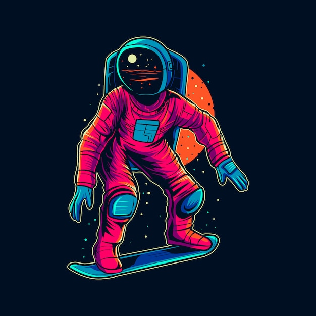 Astronauta andando de skate na ilustração da nebulosa espacial