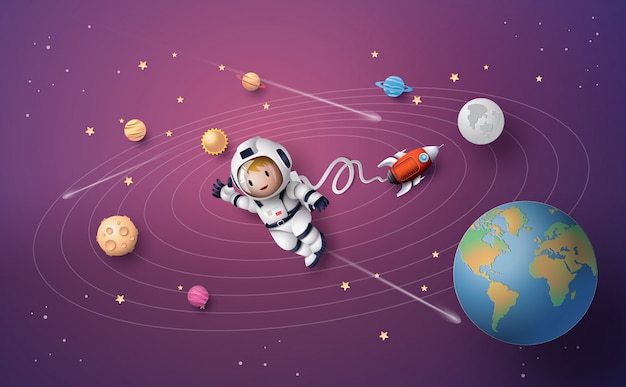 Astronauta astronauta flutuando na estratosfera. arte de papel e estilo de artesanato.