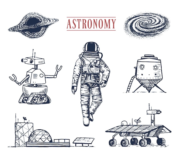 Astronauta astronauta planetas no sistema solar galáxia astronômica cosmonauta explorar aventura gravada à mão desenhada em esboço antigo robô de ônibus espacial estilo vintage e marte lunar rover