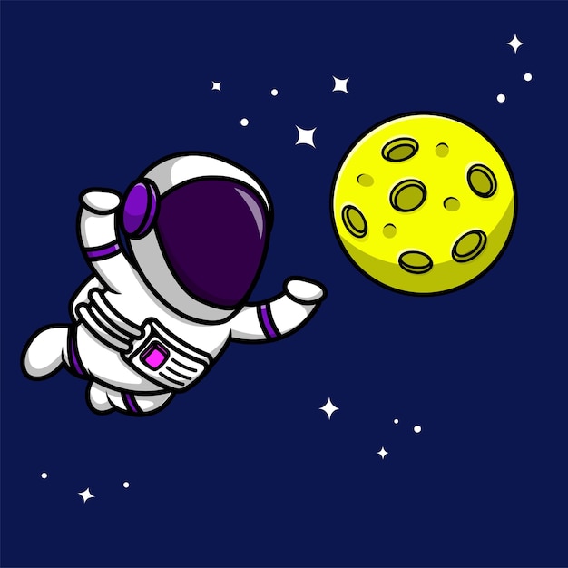 Astronauta bonitinho flutuando no espaço com ilustração de ícone vetorial dos desenhos animados da lua