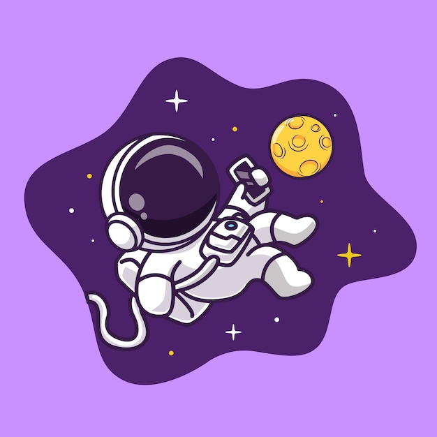 Astronauta bonitinho flutuando no espaço com telefone e lua desenho vetorial ícone ilustração ciência techno