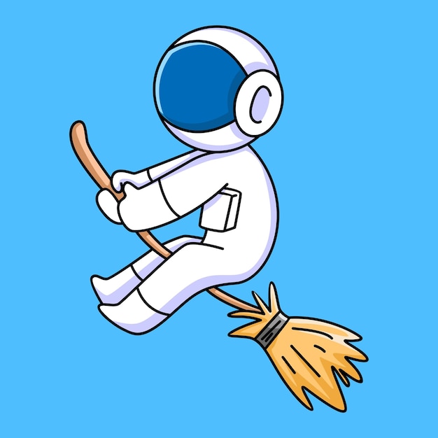 Astronauta bonito com design de desenho animado de vassoura voadora