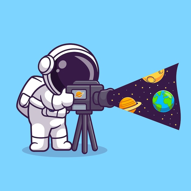 Vetor astronauta bonito com ilustração de ícone do vetor de espaço de vídeo de câmera dos desenhos animados. ciência tecnologia isolada