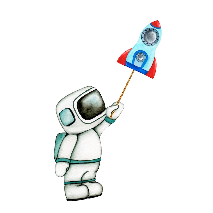 Vetor astronauta bonito e foguete no espaço isolados em vector ilustração do espaço exterior com estrelas