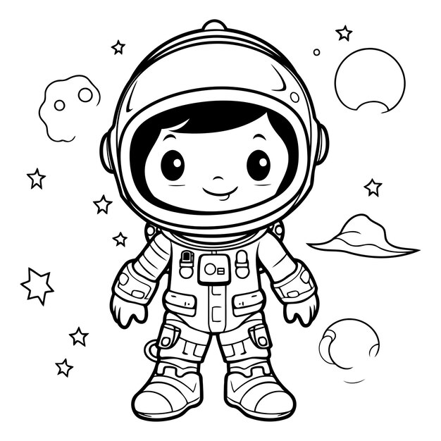 Vetor astronauta bonito em fato espacial e capacete ilustração vetorial em preto e branco