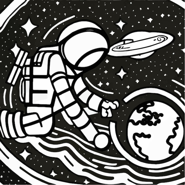 Vetor astronauta bonito no espaço entre estrelas e planetas ilustração vetorial de conceito de tecnologia científica