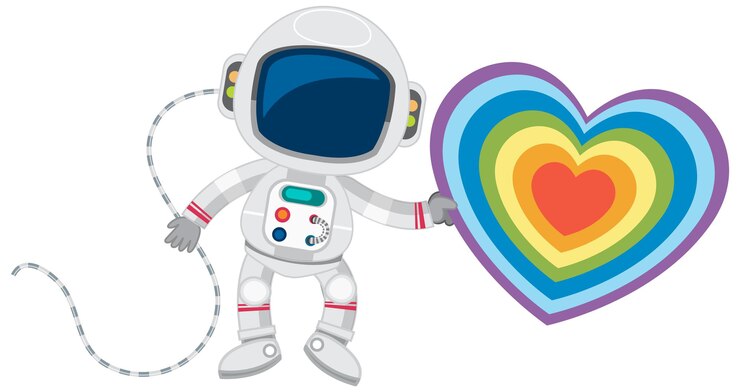 Vetor astronauta com coração colorido de arco-íris