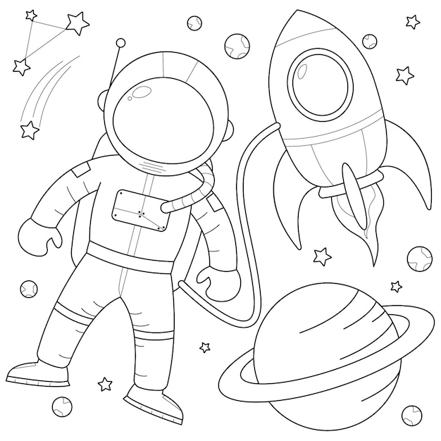 Colocação De Jogos Espaciais Vetoriais Para Crianças, Conjunto De Contorno  De Crianças Com Planetas De Foguete De Astronauta De Desenho Animado, Jogo  E Tapete De Atividade De Colorir Com Labirinto, Conecte Os