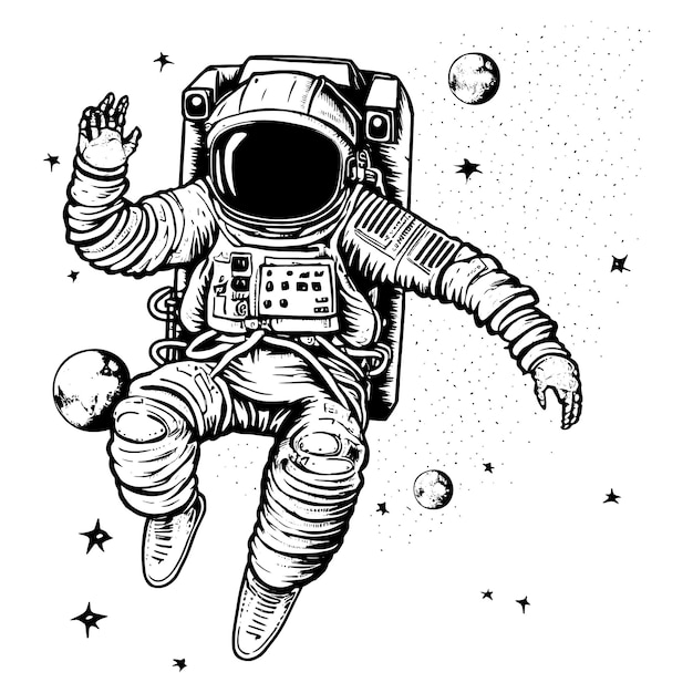Vetor astronauta com ilustração vetorial de planetas isolada em branco