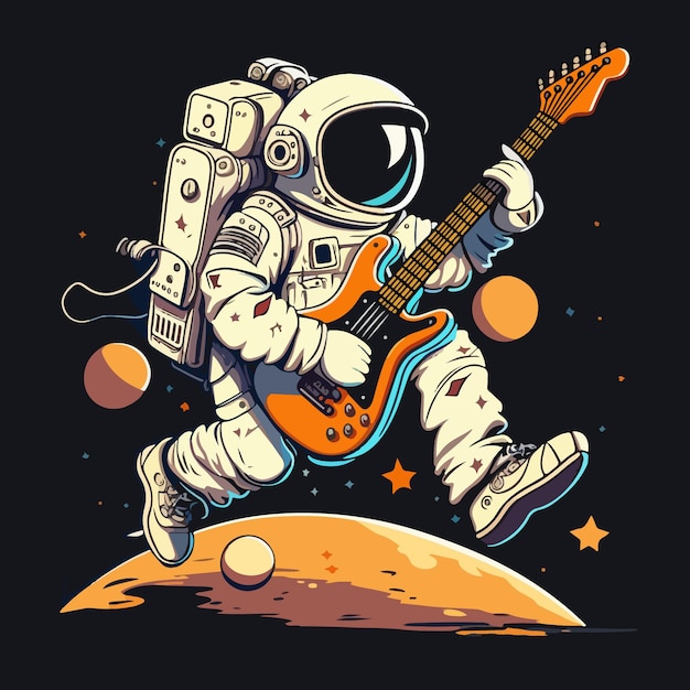 Astronauta correndo com design de camiseta de guitarra