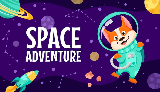 Astronauta de cão bonito em terno voando em espaço aberto. personagem explorando a galáxia do universo com planetas, estrelas, nave espacial para impressão de crianças, design de berçário. ilustração em vetor plana dos desenhos animados.