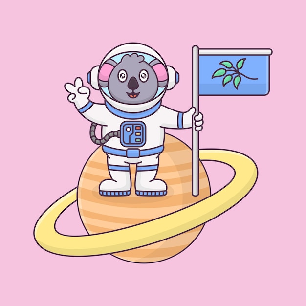 Vetor astronauta de coala bonito segurando bandeira na ilustração de ícone de vetor de desenho animado de saturno ícone de tecnologia científica