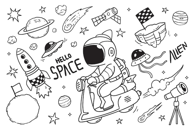 Astronauta de desenho animado e doodle de vespa