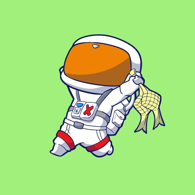 Vetor astronauta de desenho animado segurando ketupat se sentindo feliz