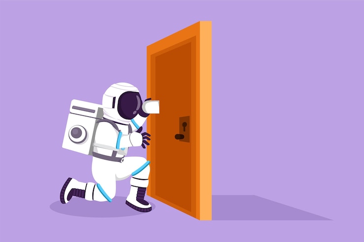 Vetor astronauta de desenho plano dos desenhos animados bisbilhotando na porta na superfície da lua homem do espaço curioso ouvindo conversa em frente à porta conceito de espaço de galáxia cósmica ilustração em vetor design gráfico