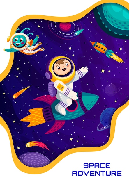 Astronauta de garoto de desenho animado de pôster espacial em foguete