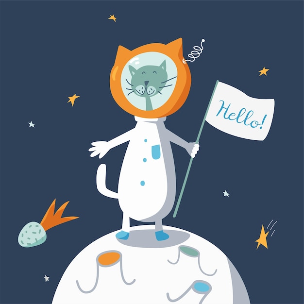 Astronauta de gato em pé no planeta com bandeira ilustração de doodle cósmico cartoon para crianças impressas