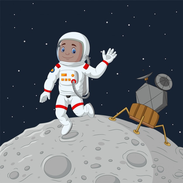 Astronauta de menino dos desenhos animados, acenando a mão