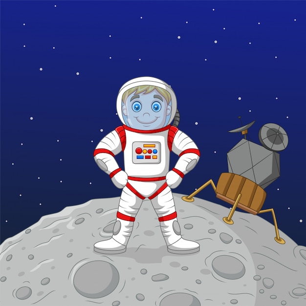 Astronauta de menino dos desenhos animados em pé na lua