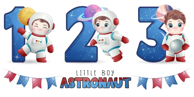 Astronauta de menino fofo com conjunto de ilustração de numeração