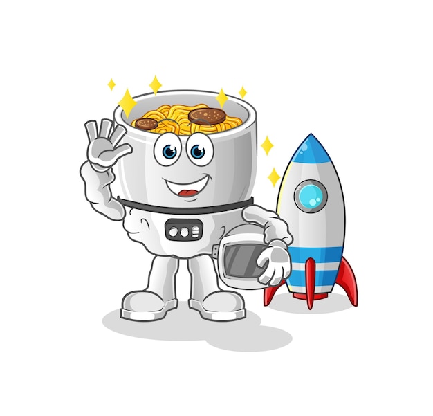 Astronauta de tigela de macarrão acenando vetor de mascote de desenho animado de personagem