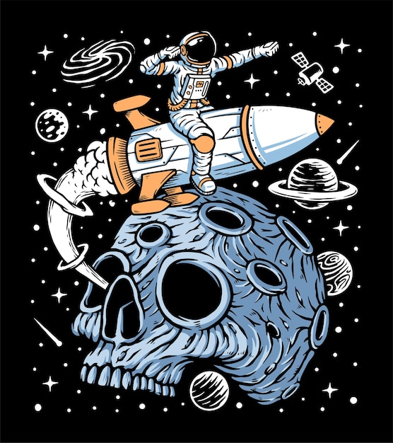 Astronauta deixando o crânio do planeta com ilustração do foguete