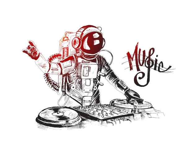 Astronauta dj com console sketch vector illustration