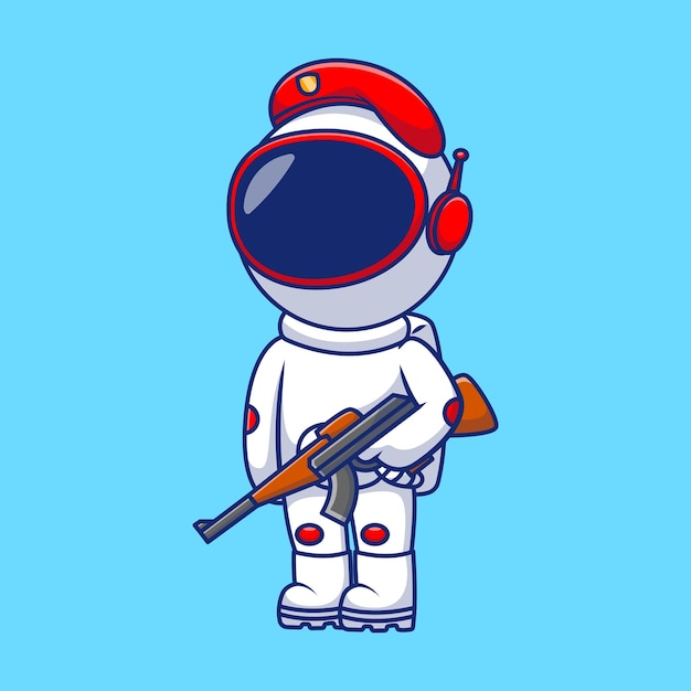 Vetor astronauta do exército bonito segurando um rifle ícones vetoriais de desenhos animados ilustração conceito de desenho animado plano