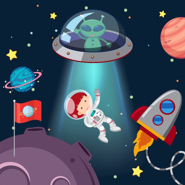 Astronauta e alienígena na galáxia