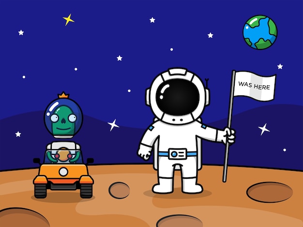 Astronauta e alienígena no planeta Marte