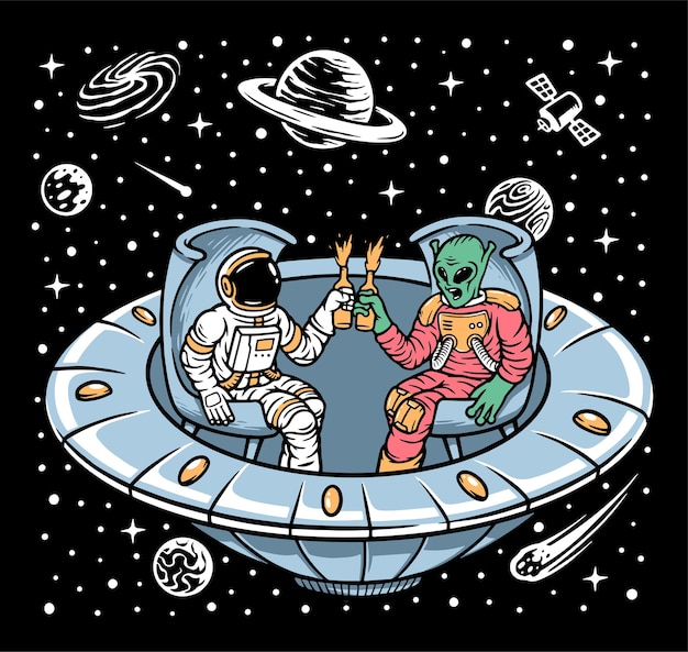 Astronauta e alienígena relaxando juntos na ilustração de ovnis