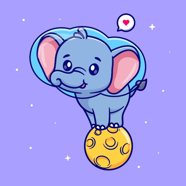 Astronauta elefante fofo em pé na lua desenho vetorial ícone ilustração ciência animal isolada