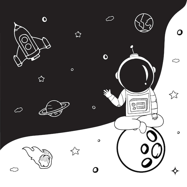Vetor astronauta em ilustração vetorial desenhada à mão em estilo de desenho animado plano