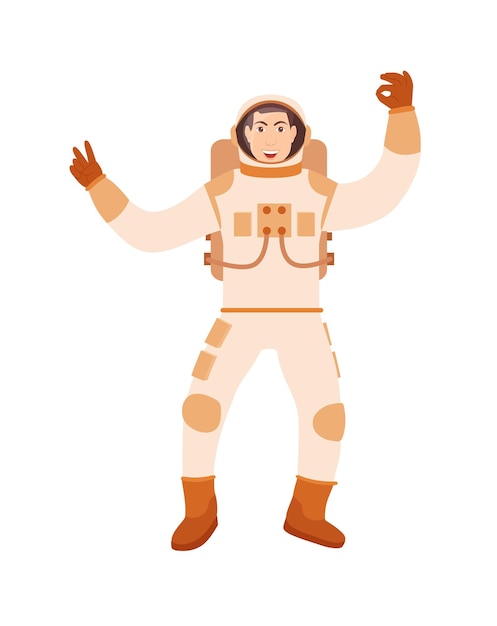 Astronauta em traje espacial gesticulando 