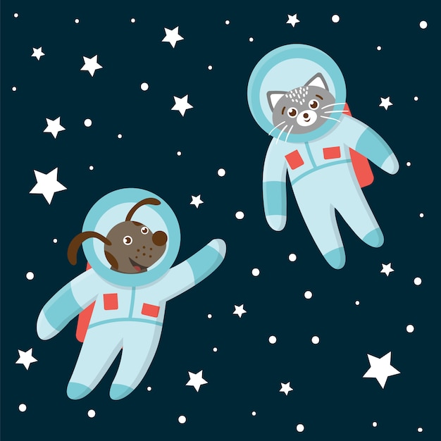 Astronauta engraçado gato e cachorro no espaço com planetas e estrelas. ilustração cósmica bonita para crianças sobre fundo azul