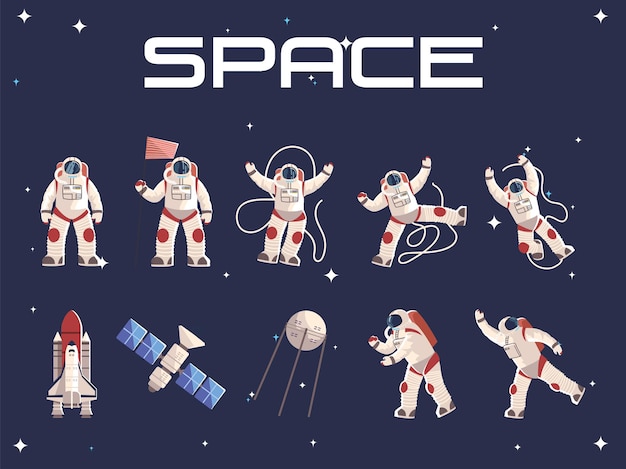 Astronauta espacial em ilustração de nave espacial de satélite de traje espacial