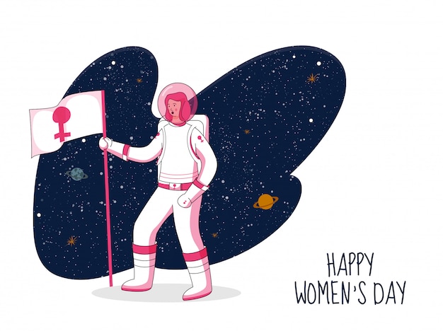 Astronauta fêmea que guarda a bandeira com venus sign no fundo abstrato do espaço para o conceito do dia das mulheres felizes.