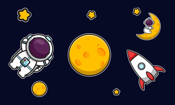 Astronauta fofo e foguete no espaço com ilustração em vetor dos desenhos animados de lua amarela. Vetor isolado do conceito de ícone de tecnologia de ciência. Estilo de desenho plano