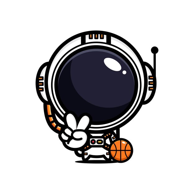 Astronauta fofo jogando basquete em pose de vitória