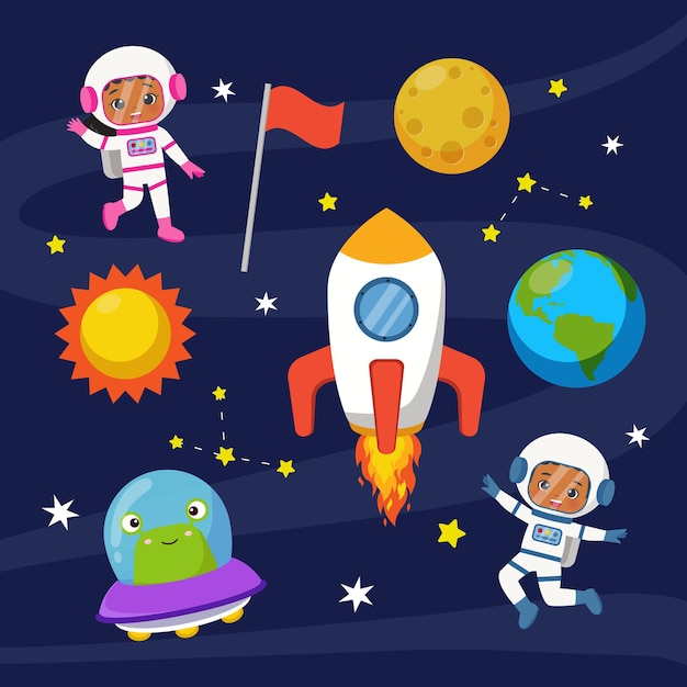 Vetor astronauta fofo menino e menina em traje espacial clip-art flat vector cartoon design