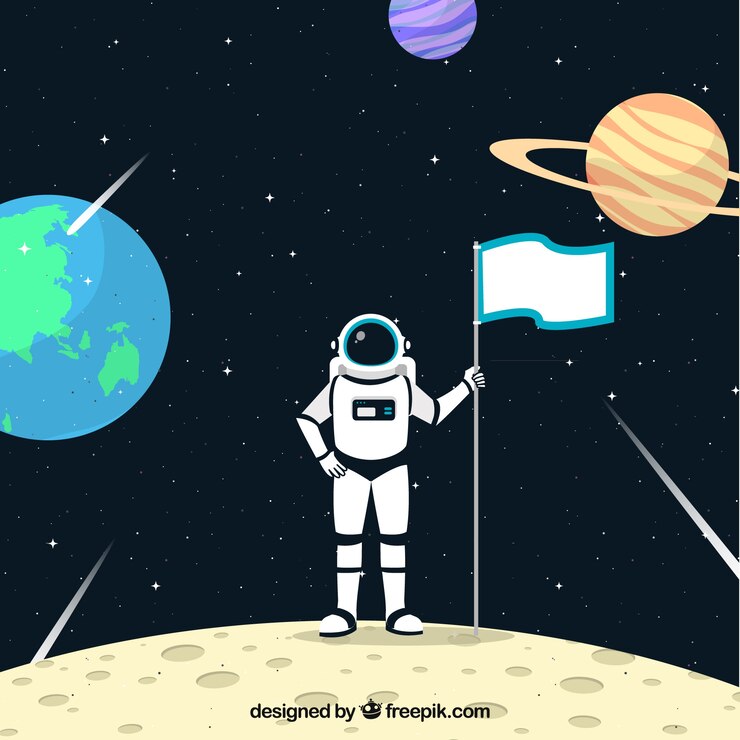 Vetor astronauta fundo na lua com uma bandeira