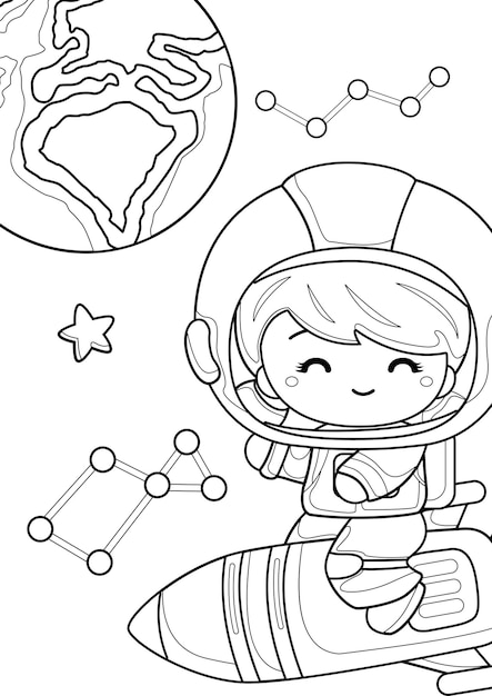 Astronauta infantil montando um foguete para colorir para crianças e adultos